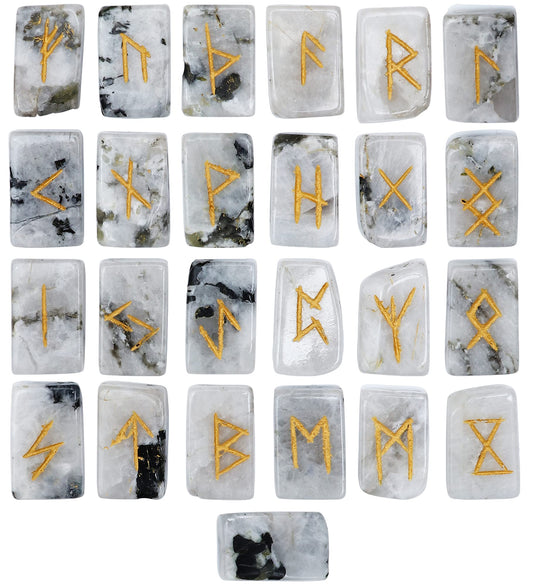 Crocon rectangle shape gemstone runes with Elder Futhark Alphabet Engraved |25 pcs rune set |Crystal Divination Healing Chakra Reiki set| with a pouch|Size: 20-25mm (Rainbow moonstone rune)