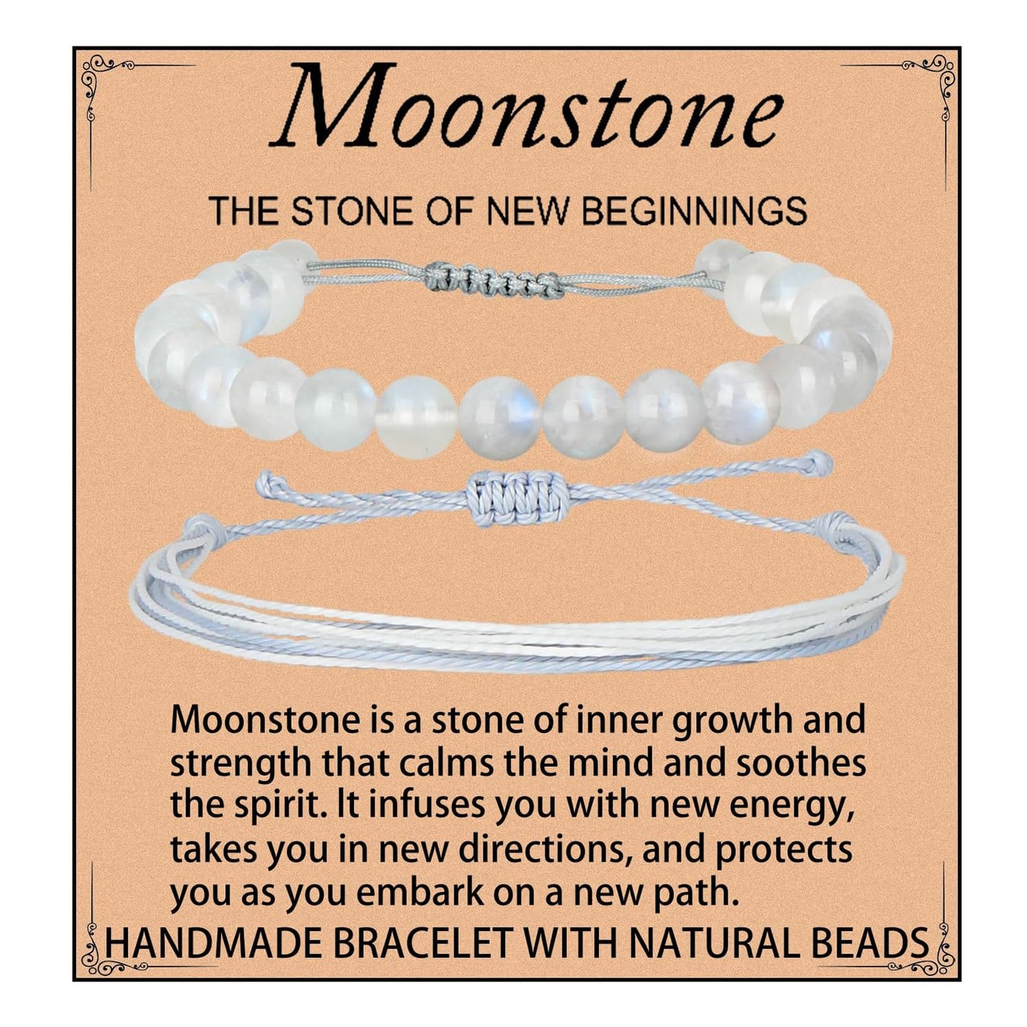 LPBeads 8mm White MoonStone Bracelet with Handmade Rope Bracelet Size Adjustable Natural Stone Crystal Healing Bracelets Gifts for Unisex Adults