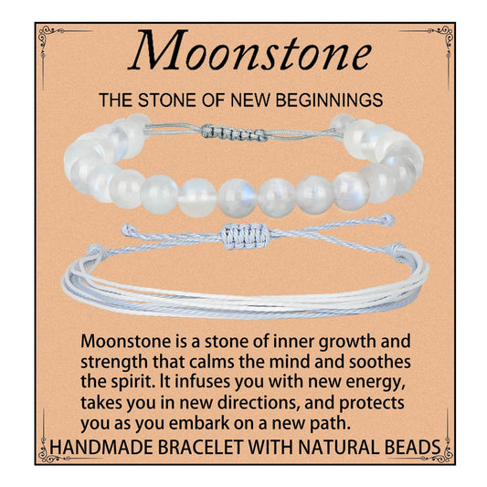 LPBeads 8mm White MoonStone Bracelet with Handmade Rope Bracelet Size Adjustable Natural Stone Crystal Healing Bracelets Gifts for Unisex Adults