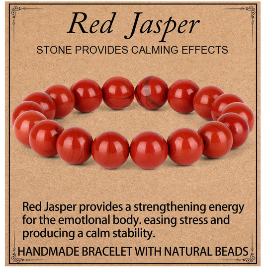 LPBeads Handmade Natural Gemstone Stretch Elastic 10mm Red Jasper Bracelet Healing Crystal Round Stone Beads Jewelry Gifts for Women Men