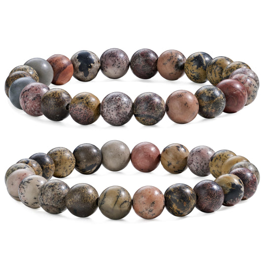 Bivei Natural Gemstone Semi Precious Healing Crystals Handmade Stretchy Round Beads Bracelet, Enhance Positive Energy,Stocking Stuffers for Women(Dendritic Jasper (Stability & Growth)(Large))