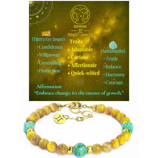 Ayriwoyi Gemini Zodiac Bracelet Yellow Tiger’s Eye Amazonite Healing Facet Stone 12 Constellations Astrology Bracelet Birthday Zodiac Inspirational Gifts
