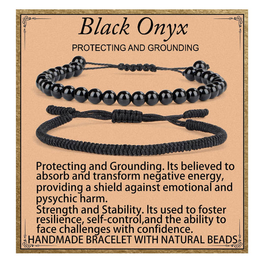 LPBeads 6mm Black Onyx Bracelet with Handmade Rope Bracelet Size Adjustable Natural Stone Crystal Healing Bracelets Gifts for Unisex Adults