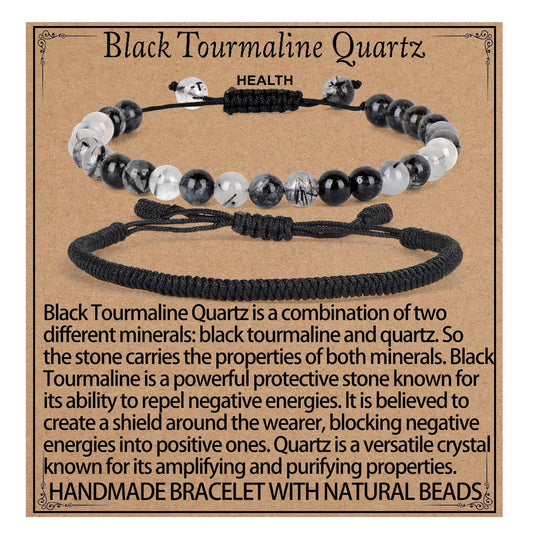 LPBeads 6mm Black Rutilated Bracelet with Handmade Rope Bracelet Size Adjustable Natural Stone Crystal Healing Bracelets Gifts for Unisex Adults