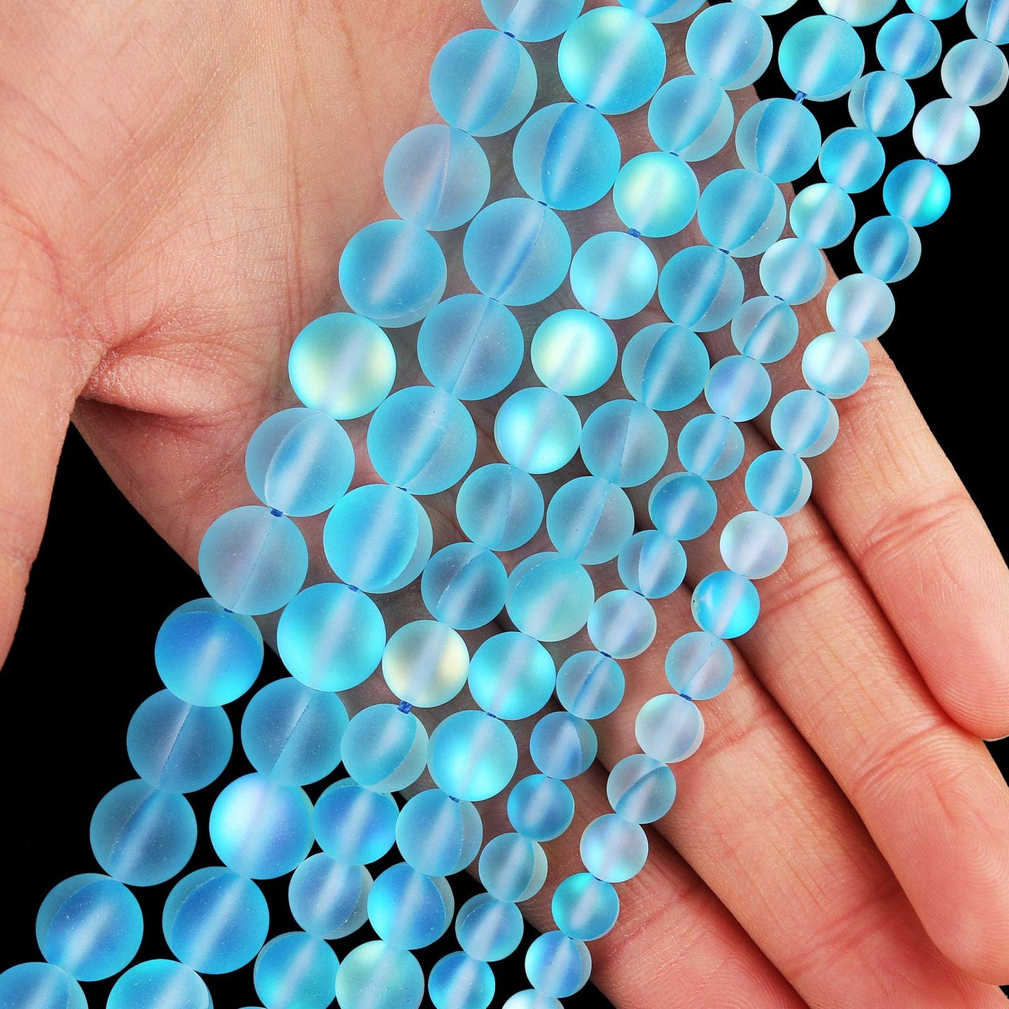 Matte Aquamarine Aurora Crystal Glass Beads, 8MM Frosted Glitter Shining Mermaid Round Loose Beads, Rainbow Holographic Synthetic Moonstone for Jewelry Making DIY Bracelet