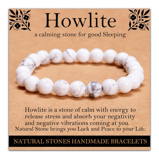 Handmade Natural Gemstone Elastic Bracelet - Healing Crystal Beads Jewelry, Unisex (Howlite, 8mm)