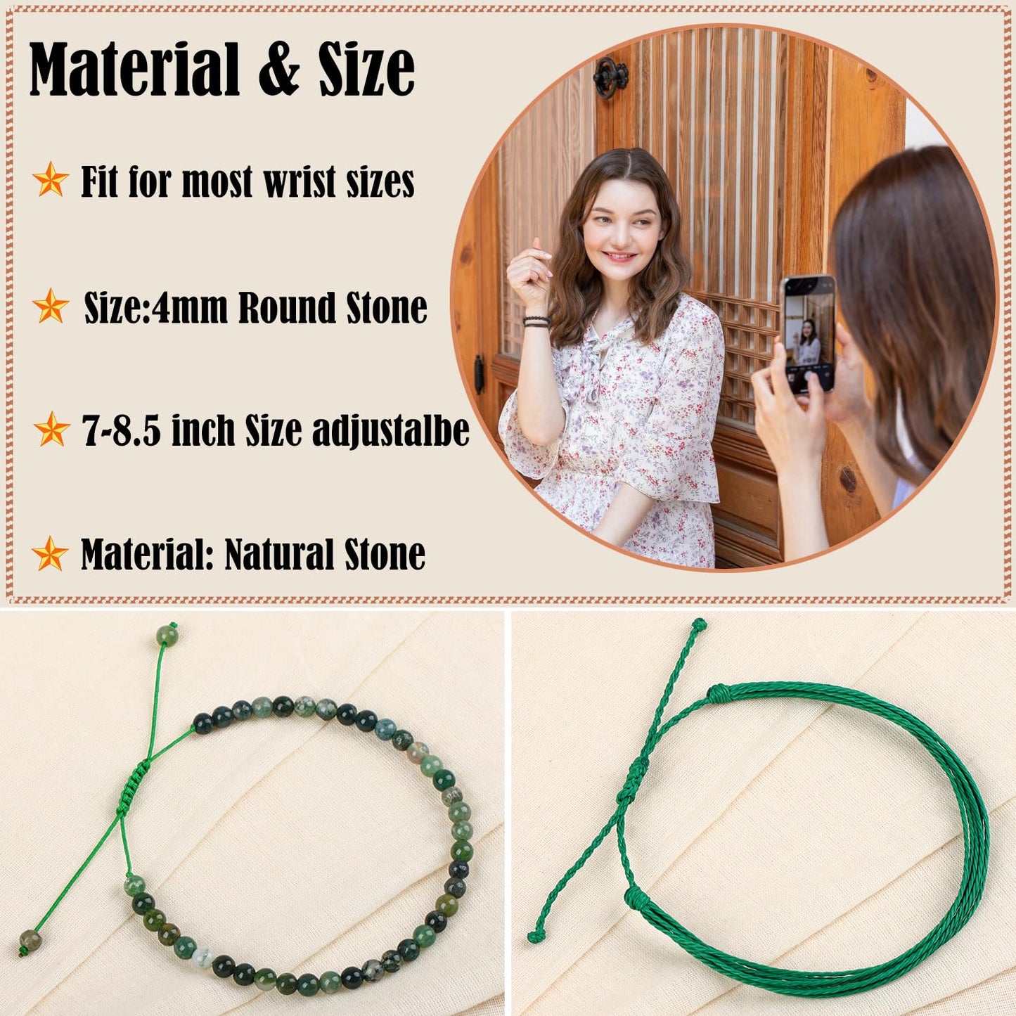 LPBeads 4mm Moss Agate Bracelet with Handmade Rope Bracelet Size Adjustable Natural Stone Crystal Healing Bracelets Gifts for Unisex Adults