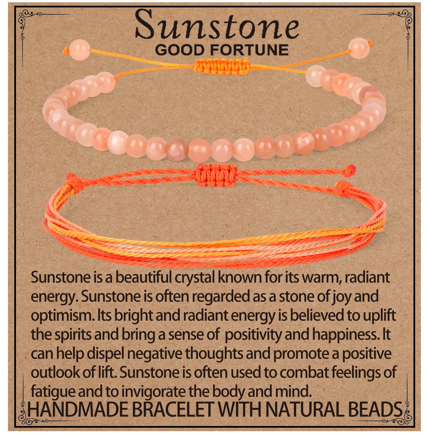 LPBeads 4mm SunStone Bracelet with Handmade Rope Bracelet Size Adjustable Natural Stone Crystal Healing Bracelets Gifts for Unisex Adults
