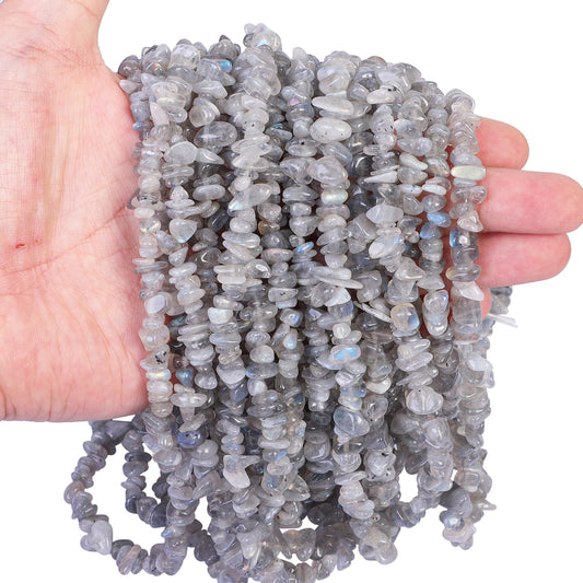favoramulet 5-8mm Grey Moonstone Tumbled Stone Chip Beads for Jewelry Making, Irregular Shaped Healing Crystal Loose Bead Supply, Pack of 2 Strands(64 inches)