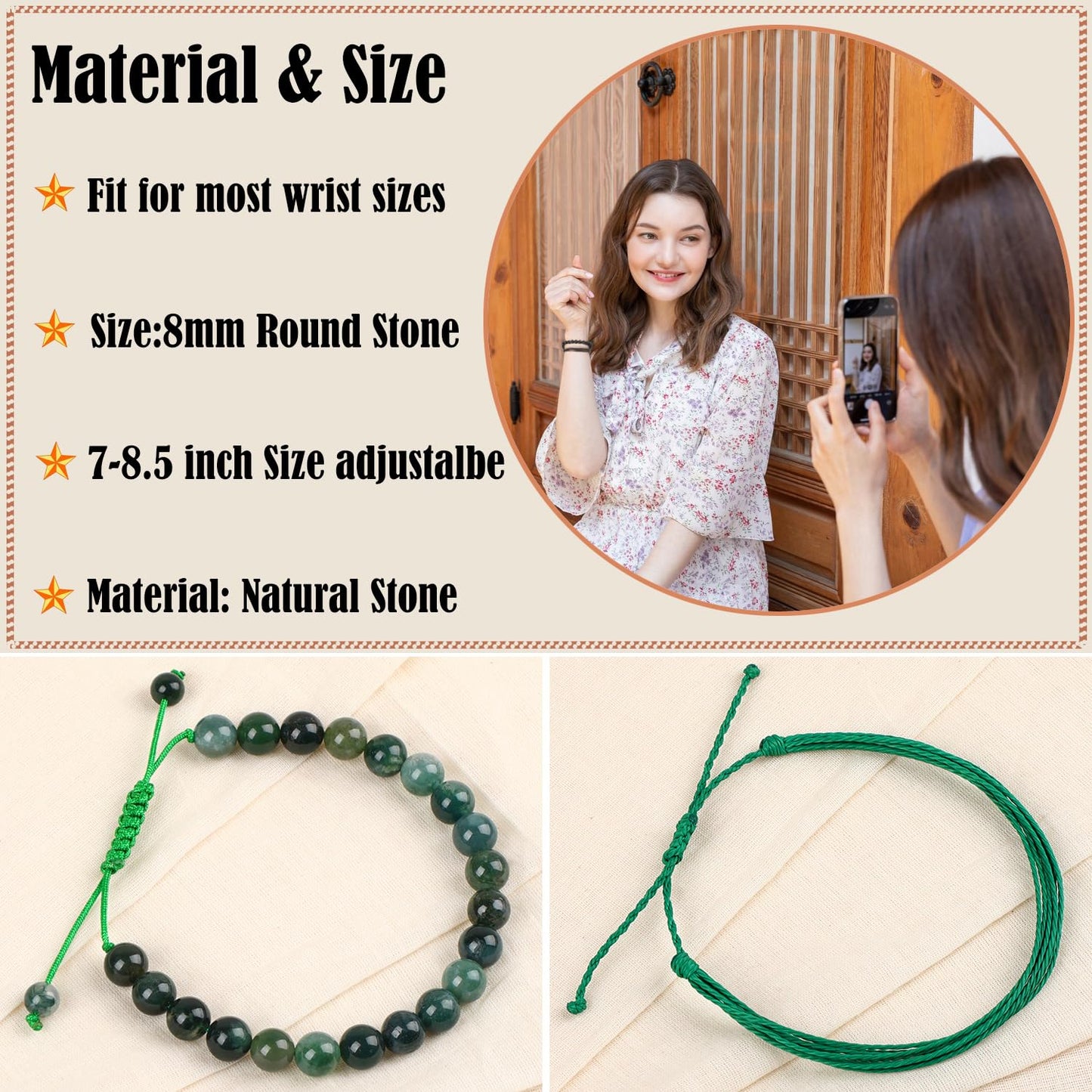 LPBeads 8mm Moss Agate Bracelet with Handmade Rope Bracelet Size Adjustable Natural Stone Crystal Healing Bracelets Gifts for Unisex Adults