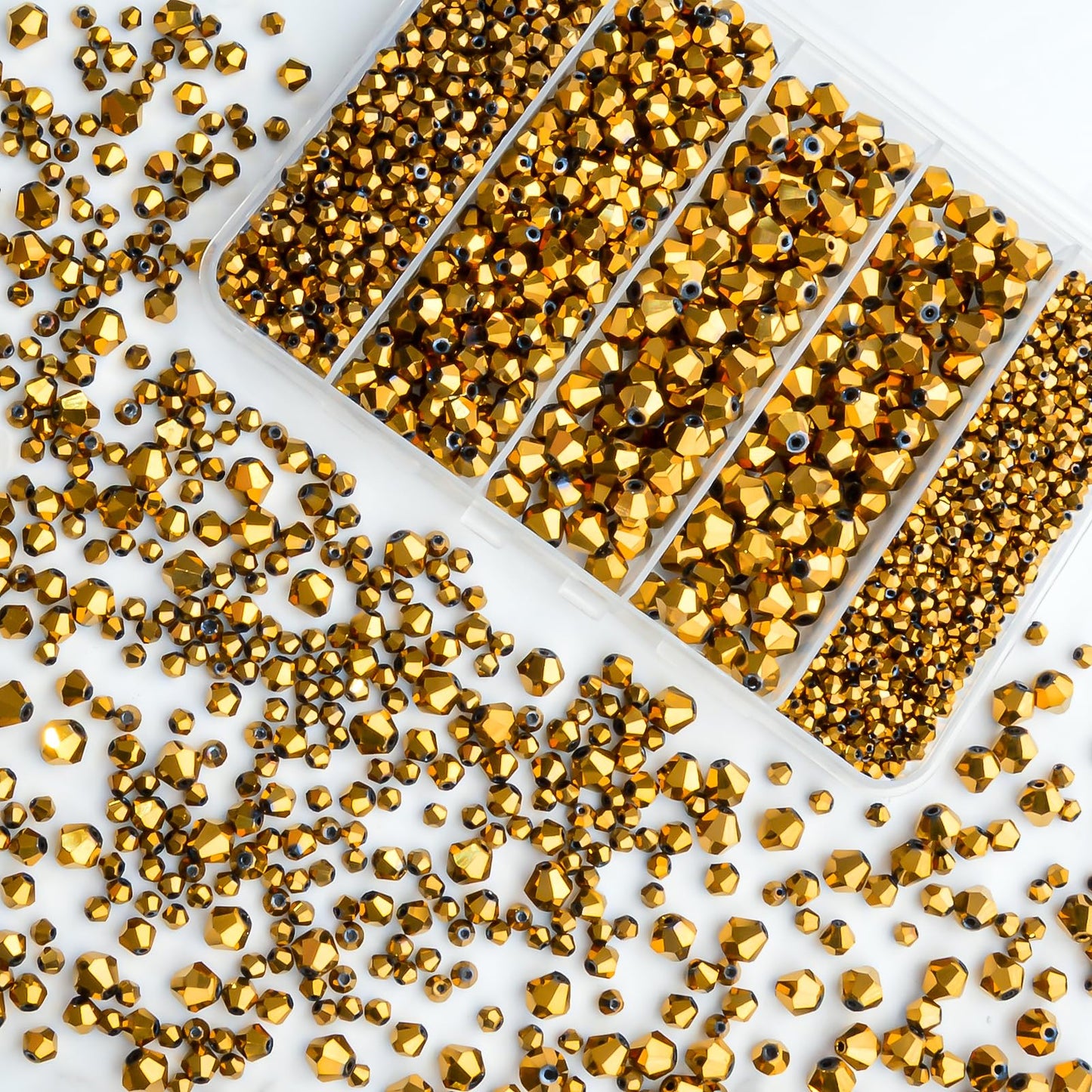 1550PCS Bicone Crystal Glass Beads Set for Jewelry Making, 3mm 4mm 6mm 8mm Sparkling Faceted Beads Sorted by Size for Bracelets, Necklaces, Suncatchers & DIY Crafts(Coffee Gold)