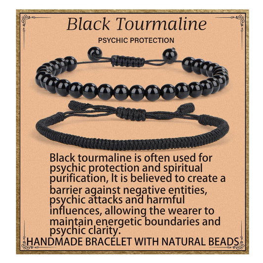 LPBeads 6mm Black Tourmaline Bracelet with Handmade Rope Bracelet Size Adjustable Natural Stone Crystal Healing Bracelets Gifts for Unisex Adults