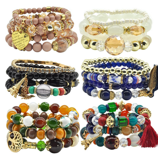 Bohemian Bracelet Sets for Women 6 Sets Stackable Stretch Multi-color Boho Hippie Dainty Jewelry Best Friend Gift (Bead bracelet set for women)