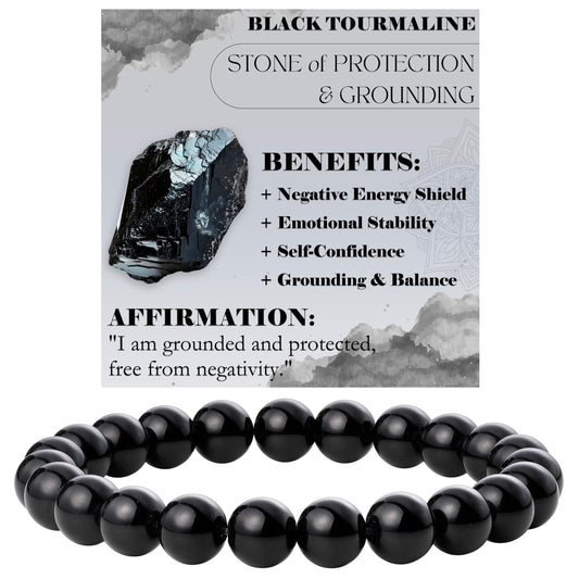 Black Tourmaline - Protection and Grounding - 8mm Beaded Bracelets for Women Handmade Semi Precious Natural Stone Stretch Elastic Jewelry Yoga Protection Gifts