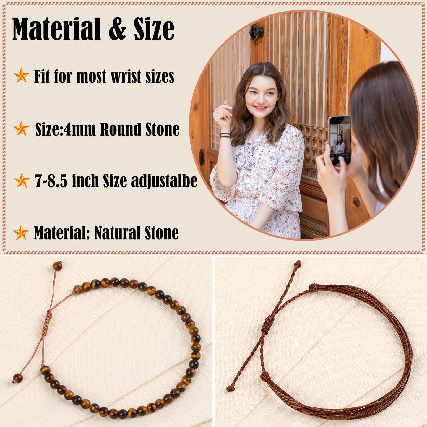 LPBeads 4mm Yellow Tiger's Eye Bracelet with Handmade Rope Bracelet Size Adjustable Natural Stone Crystal Healing Bracelets Gifts for Unisex Adults