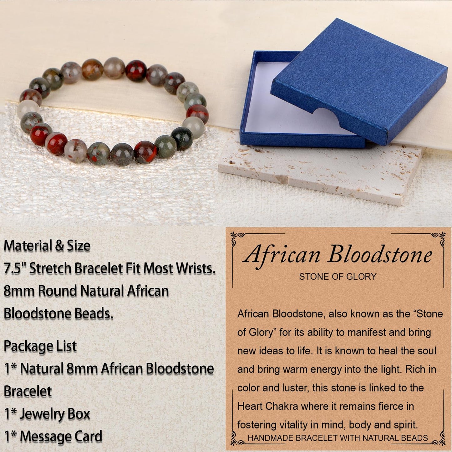 LPBeads Handmade Natural Gemstone Stretch Elastic 8mm African Bloodstone Bracelet Healing Crystal Round Stone Beads Jewelry Gifts for Women Men