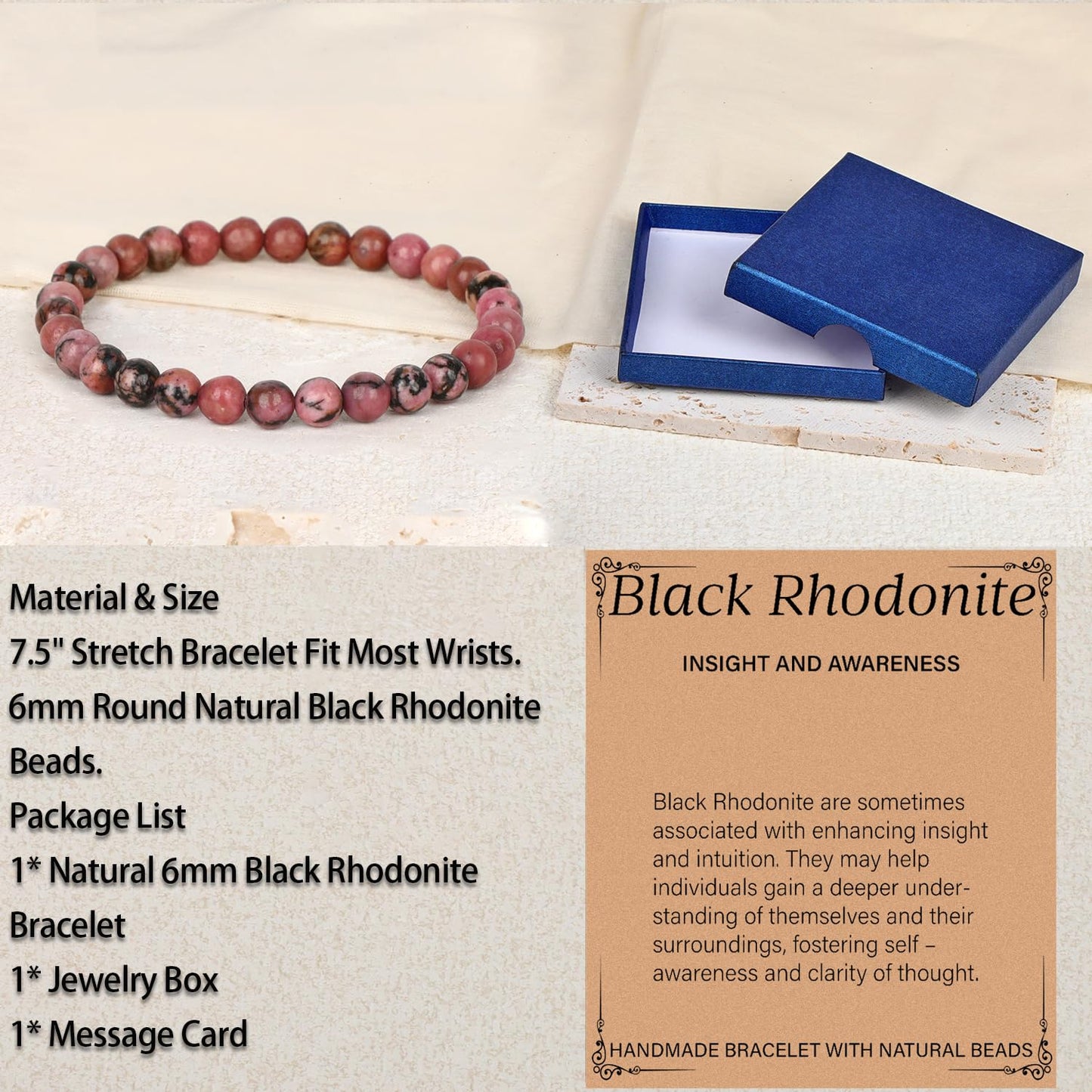 LPBeads Handmade Natural Gemstone Stretch Elastic 6mm Pink Black Rhodonite Bracelet Healing Crystal Round Stone Beads Jewelry Gifts for Women Men