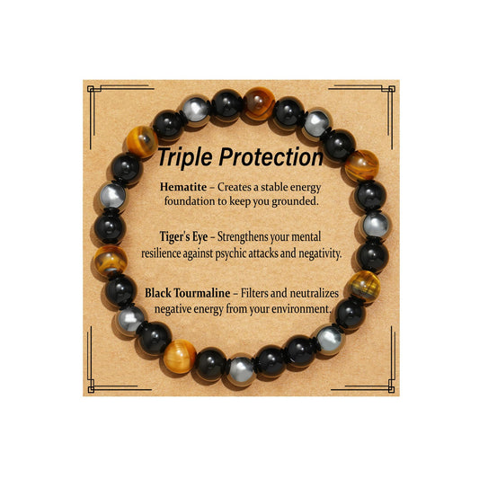 Kenailw Triple Protection Bracelet Gifts for Women, Healing Crystal Beaded Hematite Black Tourmaline Tigers Eye Natural Stone Healing Birthday Christmas Gifts Jewelry for Her Mom Best Friend