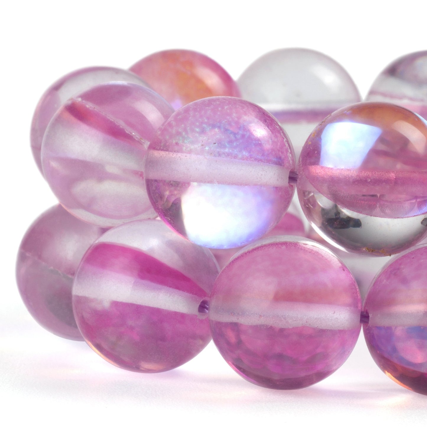 RUBYCA Round Moonstone Crystal Glass Beads Aura Iridescent for Jewelry Making (1 Strand, 10mm, Pink)