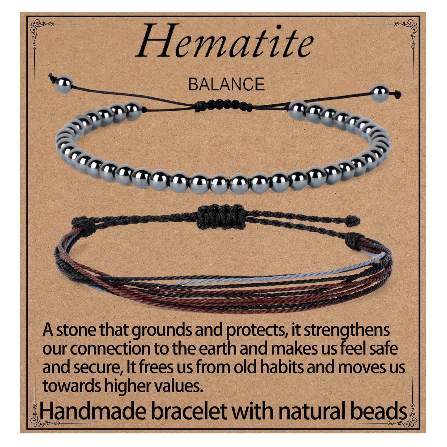 LPBeads 4mm Hematite Bracelet with Handmade Rope Bracelet Size Adjustable Natural Stone Crystal Healing Bracelets Gifts for Unisex Adults