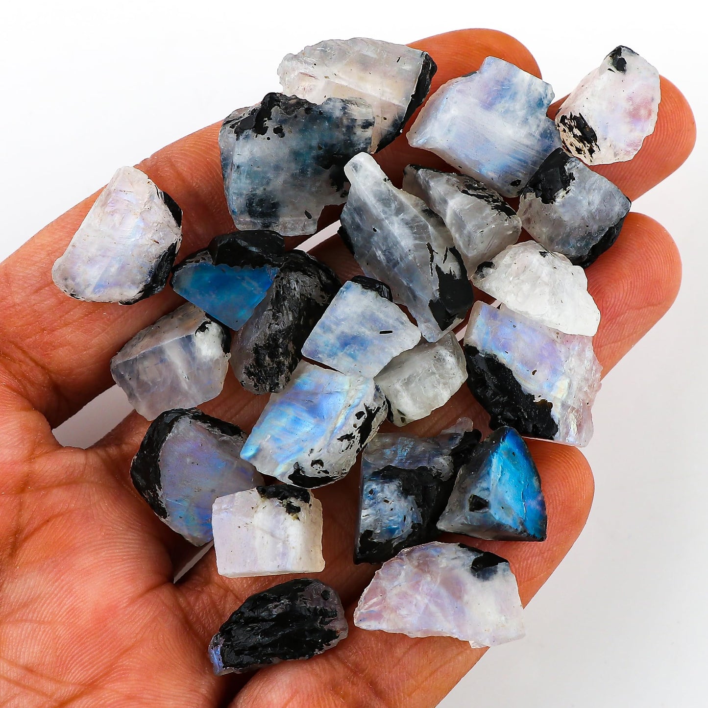 Gemkora 100 ct. Natural Blue Flash Raw Tourmilated Moonstone Crystal Rough Gemstone, Rock, Jewelry Making Supplies, Chakra Healing, Art-DIY Stone, (10 to 12 pcs) (10-15mm)