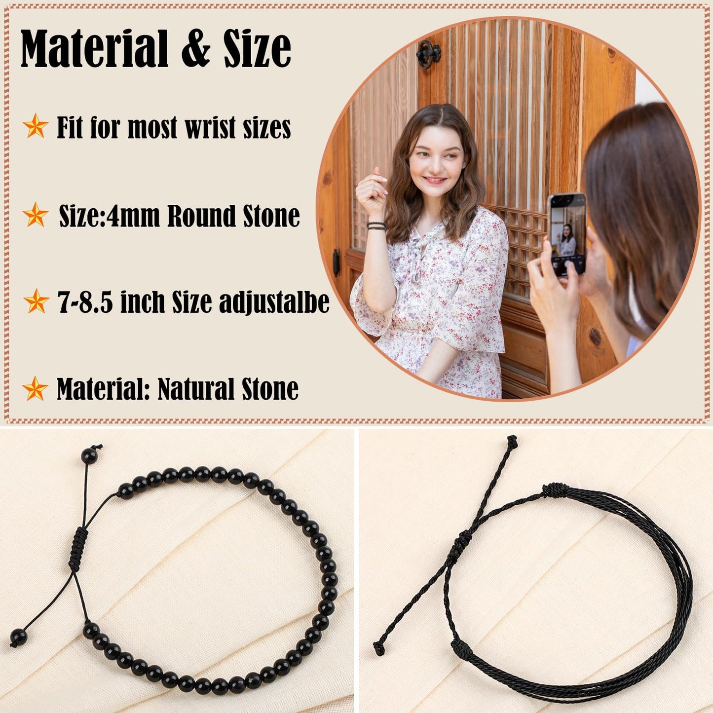 LPBeads 4mm Black Onyx Bracelet with Handmade Rope Bracelet Size Adjustable Natural Stone Crystal Healing Bracelets Gifts for Unisex Adults