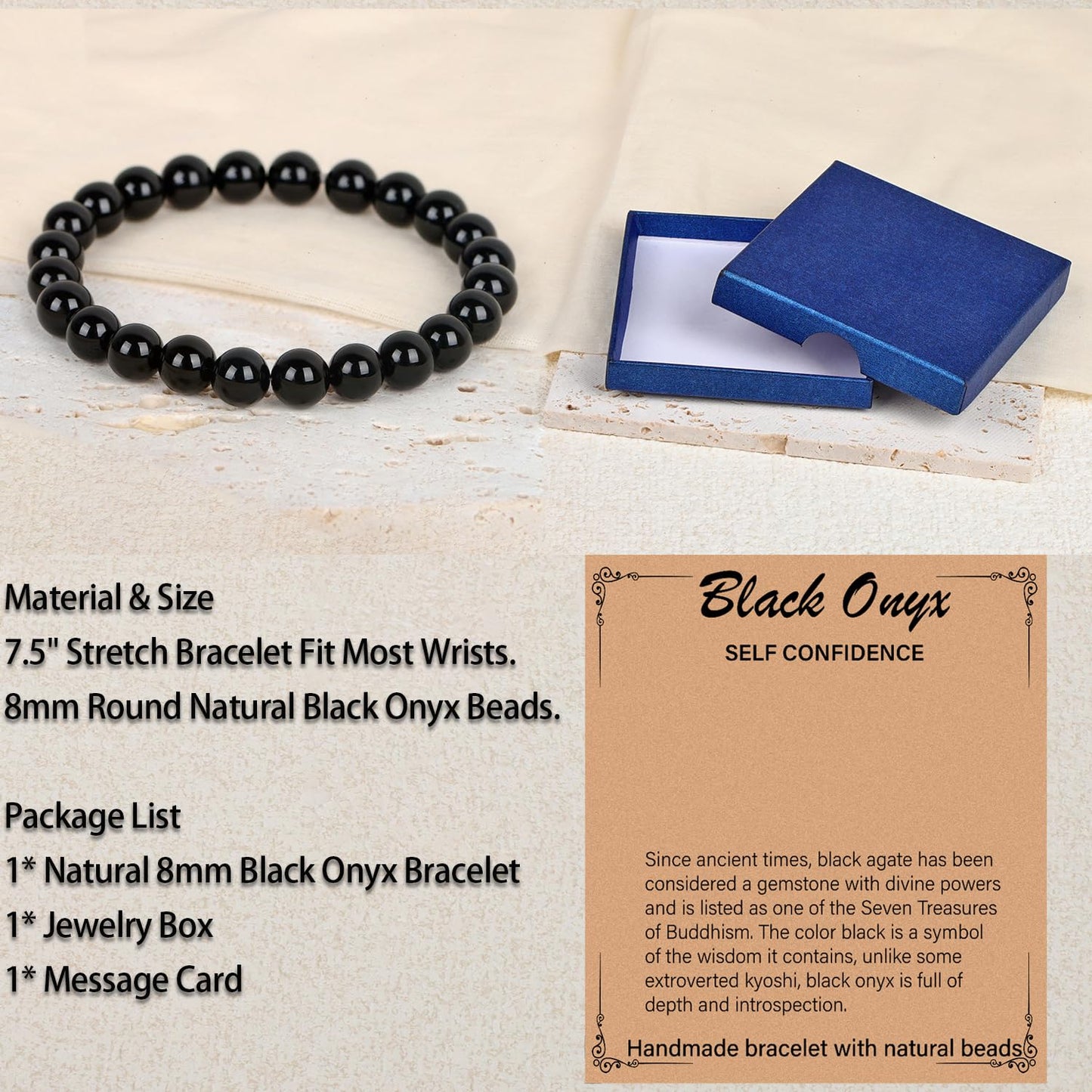 LPBeads Handmade Natural Gemstone Stretch Elastic 8m Black Onyx Bracelet Healing Crystal Round Stone Beads Jewelry Gifts for Women Men