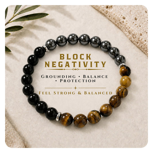 BEMELO Triple Protection Bracelet for Men & Women, 8mm Tiger Eye - Black Tourmaline - Hematite, Natural Stone Beaded Stretch Bracelet