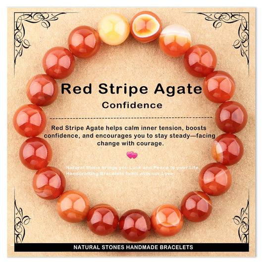 AD Beads 10mm Handmade Red Stripe Agate Elastic Bracelet – Natural Gemstone for Confidence – Meditation, Yoga, Healing and Energy Gift for Men Women