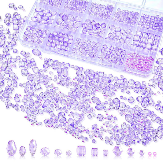 Laopottbeads 1500 Pcs Crystal Glass Beads for Jewelry Making – 12 Styles Bicone, Rondelle, Cube, Teardrop & 3mm Spacer Beads, DIY Bracelet Necklace Earring Craft Kit with Organizer Box(Light Purple)