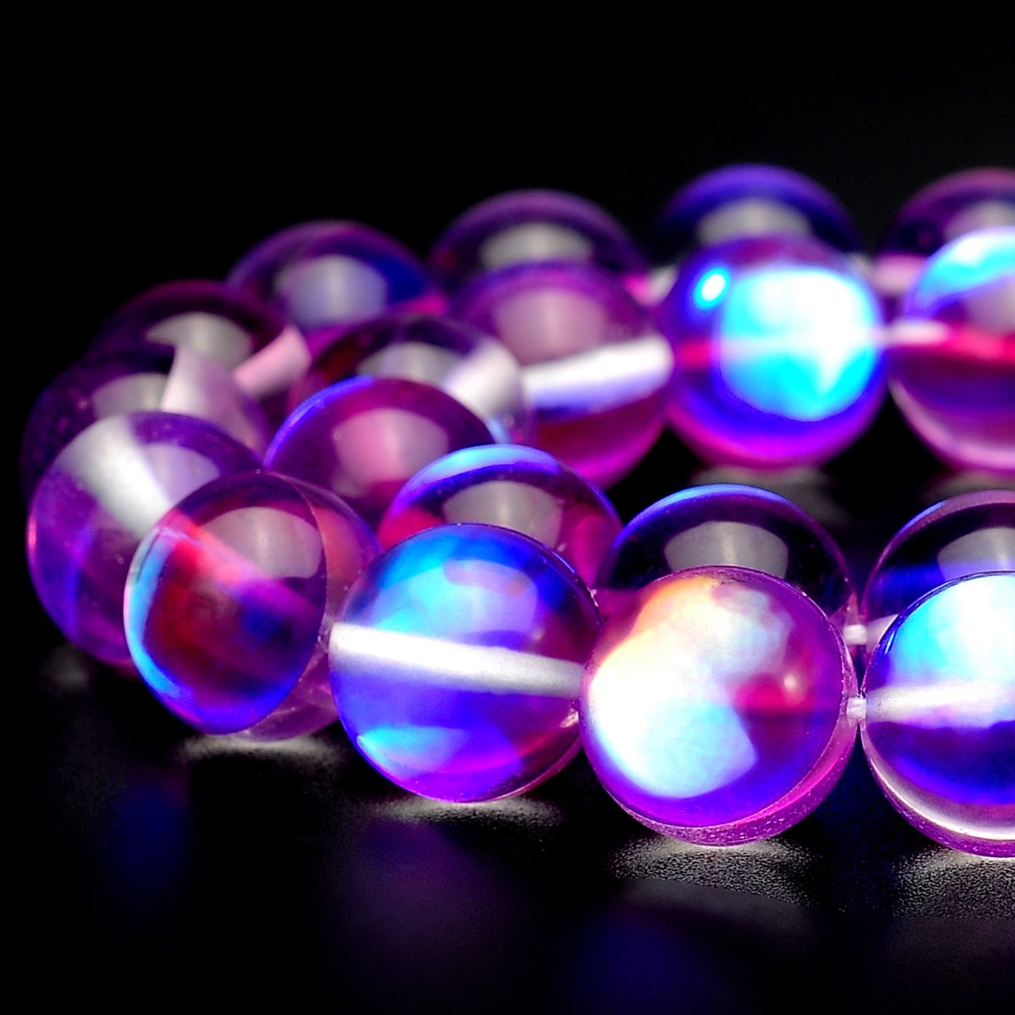 RUBYCA Round Moonstone Crystal Glass Beads Aura Iridescent for Jewelry Making (1 Strand, 10mm, Purple)
