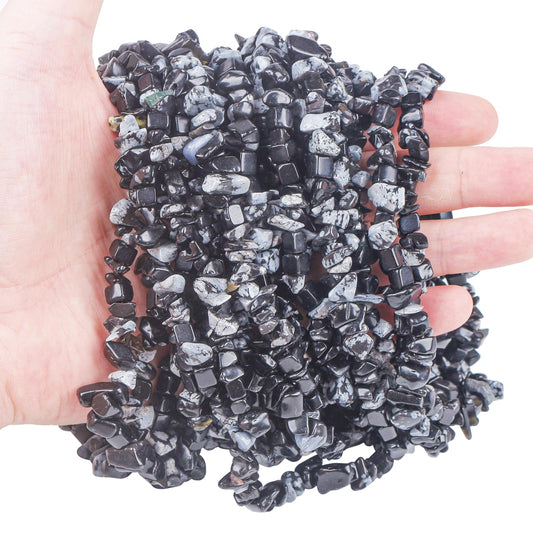 favoramulet 5-8mm Snowflake Obsidian Tumbled Stone Chip Beads for Jewelry Making, Irregular Shaped Healing Crystal Loose Bead Supply, Pack of 2 Strands(64 inches)