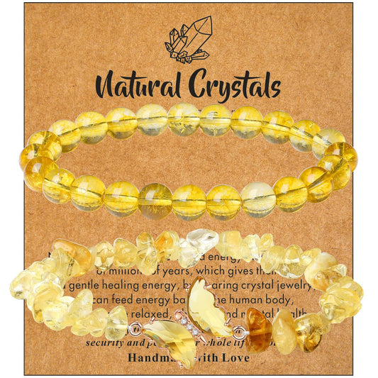 DUQGUHO Citrine Crystal Bracelets for Women Healing Yellow Bracelets 8mm Citrine Beaded Bracelets for Women Butterfly Charm Stretch Bracelets Yellow Jewelry Butterfly Gifts for Women 2PCS