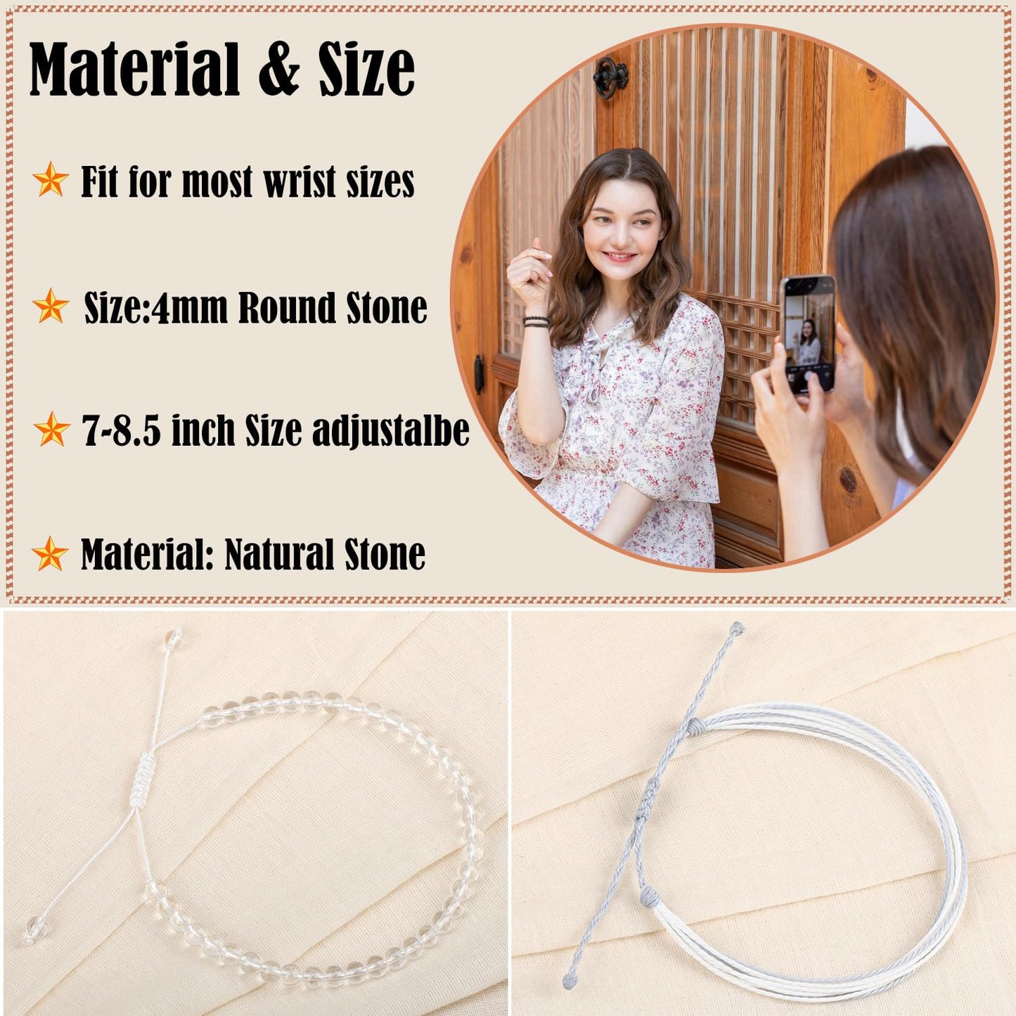 LPBeads 4mm Clear Quartz Bracelet with Handmade Rope Bracelet Size Adjustable Natural Stone Crystal Healing Bracelets Gifts for Unisex Adults