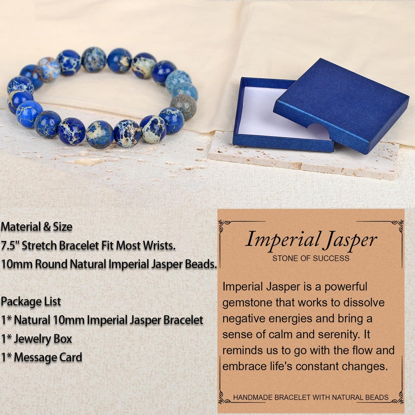 LPBeads Handmade Natural Gemstone Stretch Elastic 10mm Blue Imperial Jasper Bracelet Healing Crystal Round Stone Beads Jewelry Gifts for Women Men