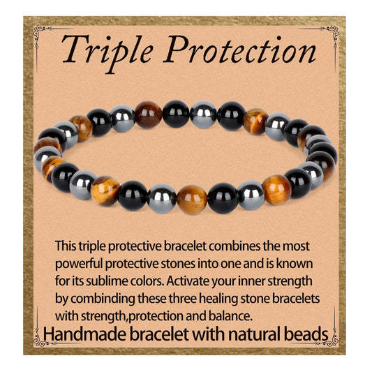 LPBeads Handmade Natural Gemstone Stretch Elastic 6mm Onyx Tiger Hematite Mixed Stone Bracelet Healing Crystal Round Stone Beads Jewelry Gifts for Women Men