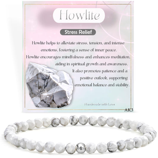Farfume Howlite - Relief - Beaded Bracelets for Women,Handmade Natural Stone 4mm Beads 925 Sterling Silver Stretch Bracelets, Chakra Crystal Gemstone Jewelry Gifts for Mom