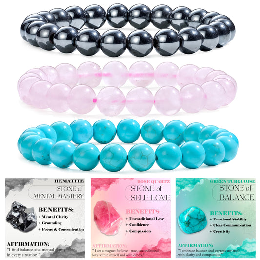 Bivei 3-Piece 8mm Beaded Bracelets for Women – Hematite, Rose Quartz, Green Turquoise – Handmade Natural Crystal Stretch Elastic Jewelry for Meditation, Yoga, Protection Gifts