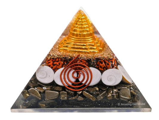 Amazing Gemstone Orgone Pyramid for Money Magnet Pyrite Crystals with Rudraksha, Gomati Chakra, Shree Yantra - Authentic Orgonite & Organite Gifts to Atrract Money Wealth Pooja, Financial Growth