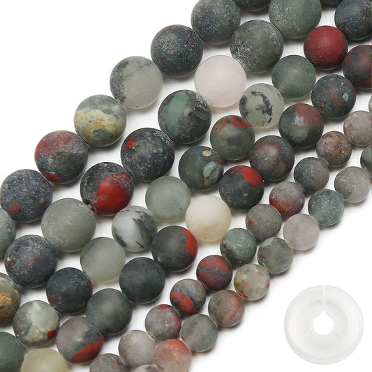 Natural Matte African Bloodstone Beads, 6MM Round Frosted Unpolished Loose Gemstone Beads for Bracelet Necklace Jewelry Making, Energy Stone Healing Power with Stretch Beading Cord