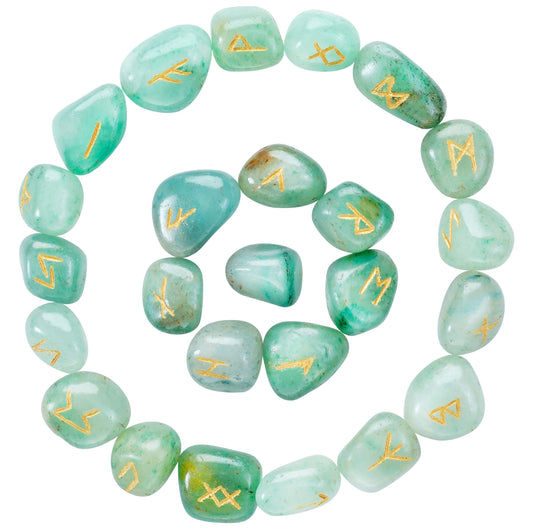 Crocon Green Aventurine Rune Stones Set Engraved with Elder futhark Crystal Runes Set, Reiki Healing runas for Meditation Chakra Balancing Rune Stone for Beginners with Crystal Guide & Pouch 15-20 mm