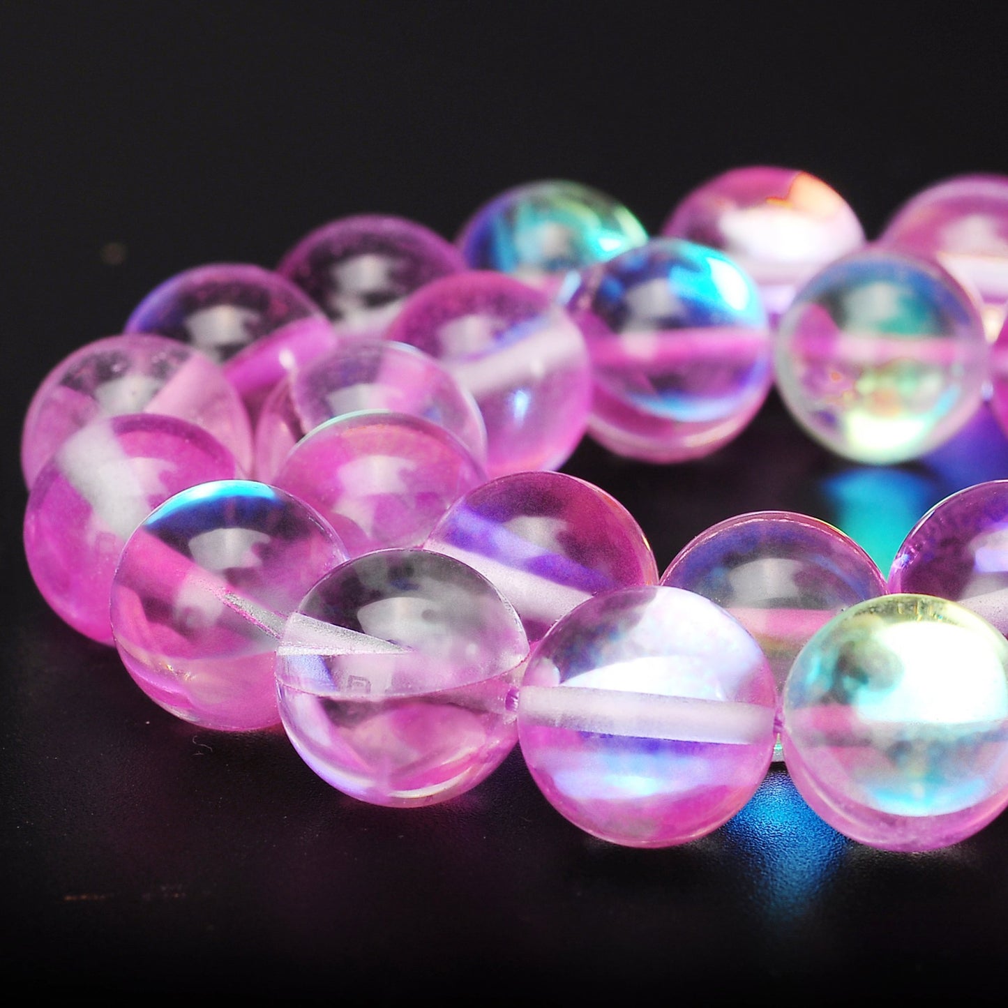 RUBYCA Round Moonstone Crystal Glass Beads Aura Iridescent for Jewelry Making (1 Strand, 12mm, Pink)