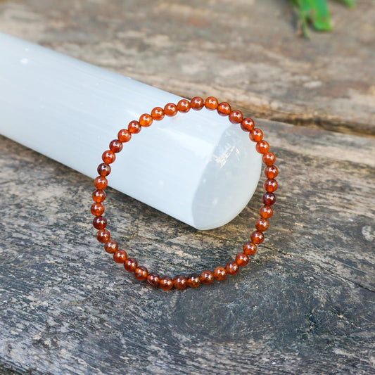 Natural Orange Garnet Bracelet 4mm | Sacral Chakra Crystal with Leather Pouch, Gift Box & Repair Kit | Fits 6.5-7 inch Wrist