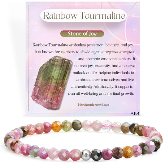 Farfume Rainbow Tourmaline - Joy - Beaded Bracelets for Women,Handmade Natural Stone 4mm Beads 925 Sterling Silver Stretch Bracelets, Chakra Crystal Gemstone Jewelry Gifts for Mom