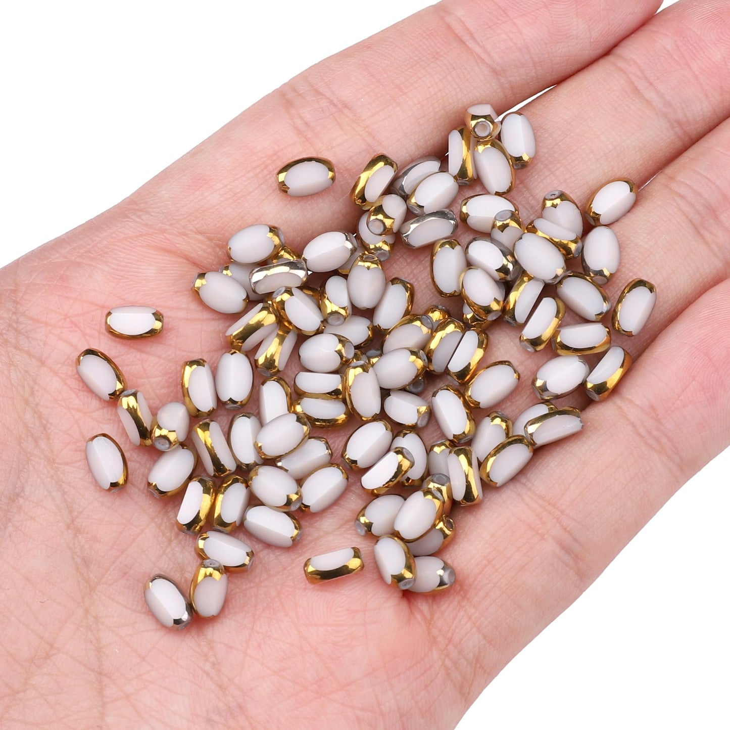 DADIFEN Glass Rice Beads White 4x6mm 50pcs Faceted Oval Golden Edge Crystal Loose Beads for DIY Craft Jewelry Making