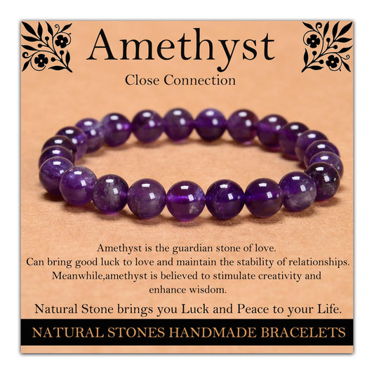 Handmade Natural Gemstone Elastic Bracelet - Healing Crystal Beads Jewelry, Unisex (Amethyst, 8mm)
