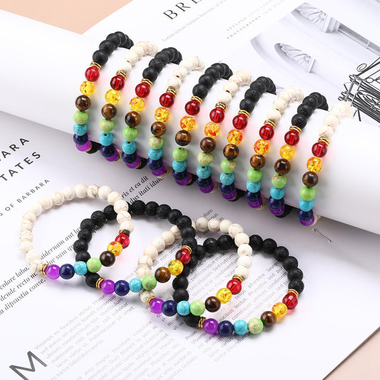 Huquary 24 Pcs Chakra Bracelets for Women Volcanic Rock 7 Chakras Crystals and Healing Stones Bracelets 8mm Natural Stone Yoga Beaded Wristlet for Women Men Essential Oil Diffuser