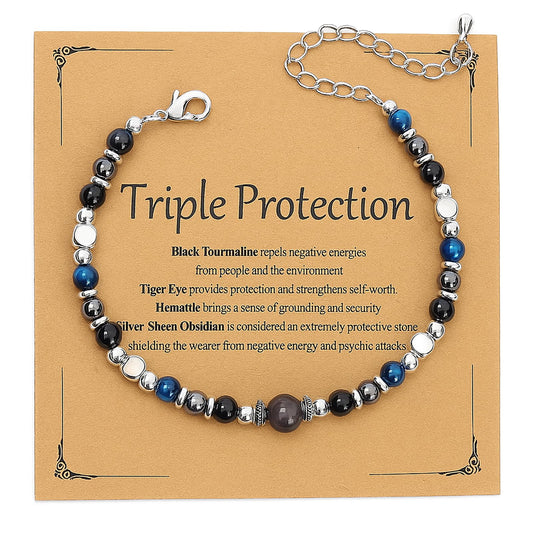 MTJAHPS Protection Bracelet, empath protection, black obsidian Crystals and Healing Stones Bracelet for Women ，Luck ，Anxiety and Stress Clam Bracelet (A-Triple Protection)