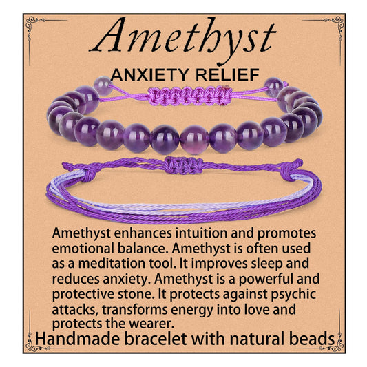 LPBeads 8mm Purple Amethyst Bracelet with Handmade Rope Bracelet Size Adjustable Natural Stone Crystal Healing Bracelets Gifts for Unisex Adults