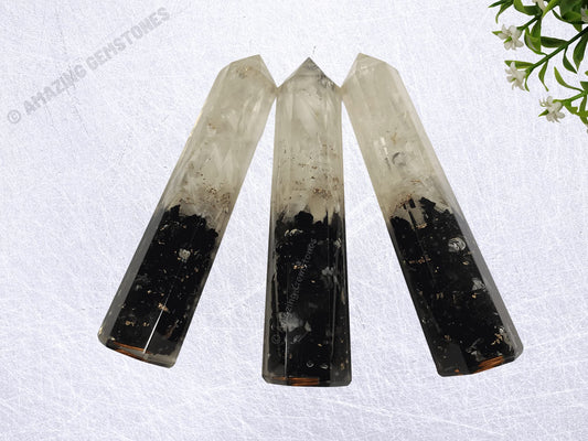 Amazing Gemstone Black Tourmaline Selenite Crystal Orgone Towers ~ Natural Healing Crystal Point Obelisk for Reiki Healing and Crystal Grid (4.5 to 5 Inch, Pack of 1)